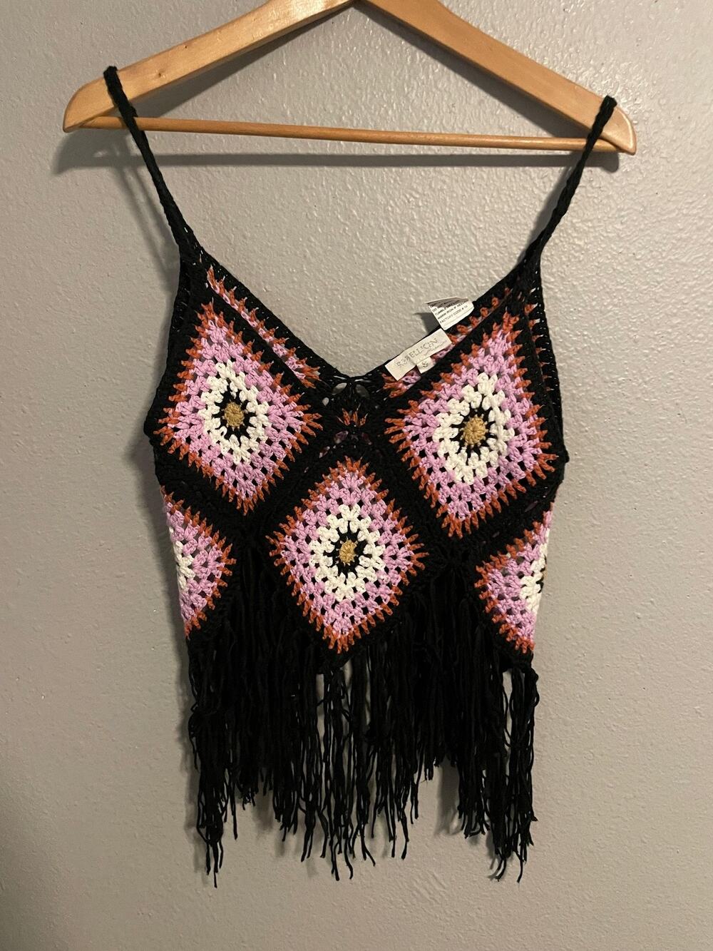 Rebellion Tank Top Womens Small Granny Square Crochet Fringe Boho Festival - Picture 1 of 8